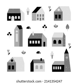 Bundle of small houses with trees, flowers, bushes. The concept of minimalist urban residential exterior with black and white colors. Cozy buildings with windows, roof and vintage style plants. Vector