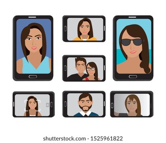 bundle of smartphone with selfies vector illustration design