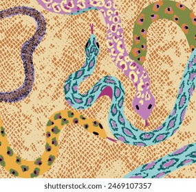 Bundle of snakes or serpents of various type, size, skin pattern and color isolated on yellow background. Set of tropical jungle carnivorous wild reptile animals. Colorful vector illustration.