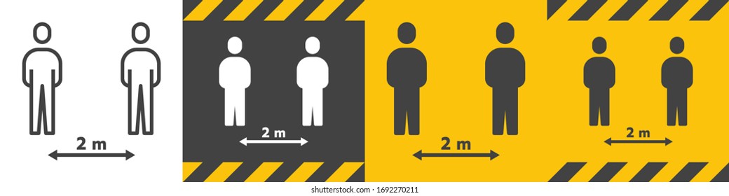 Bundle of Social Distancing Sign 2 metre (m.) or 6 Feet (ft.) To Stop Coronavirus 2019 or Covid-19 Spreading With Outline Line and Solid Glyph Icon. Modern Human People Design Vector. EPS 10.