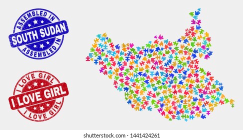 Bundle South Sudan map and blue Assembled seal, and I Love Girl grunge seal stamp. Bright vector South Sudan map mosaic of bundle connectors. Red rounded I Love Girl imprint.