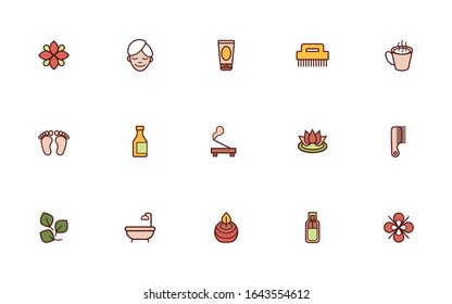 conjunto de iconos de línea de spa y estilo de relleno Ilustración vectorial