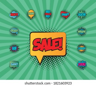 conjunto de burbujas de voz con venta palabra y palabras estilo de relleno de arte pop ilustración vectorial