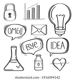 bundle of speech bubbles and social media doodle style icons vector illustration design