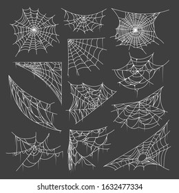 Bundle of spider webs or cobwebs of different shapes. Collection of gothic, spooky or creepy decorative design elements isolated on dark background. Monochrome vector illustration for halloween.