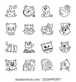 Bundle of Spooky Cats Doodle Icons 


