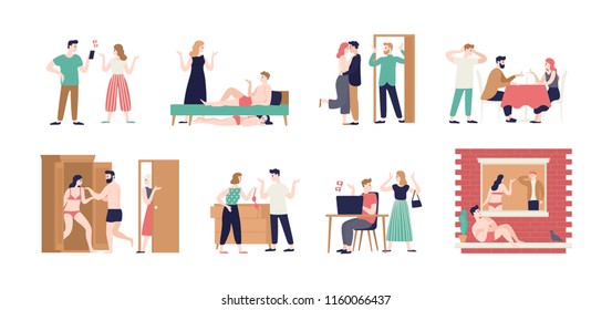 Bundle Of Spouses Or Romantic Partners During Conflict Related To Betrayal. Set Of Husband And Wife Cheating With Their Mistress And Lover. Unhappy Marriage, Love Triangle. Flat Vector Illustration.