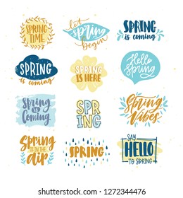 Bundle of spring lettering or inscriptions written with creative fonts and decorated by seasonal elements. Set of handwritten springtime phrases isolated on white background. Vector illustration.