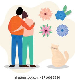 bundle of spring season card with lovers couple and flowers vector illustration design