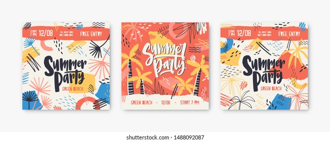 Bundle of square banner or invitation templates decorated by exotic palm trees, stains and scribble for summer party or open air festival. Modern vector illustration for seasonal event announcement.