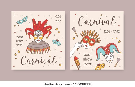 Bundle of square card or party invitation templates with traditional Venetian masks and costumes for carnival, Mardi Gras celebration or masquerade ball. Modern vector illustration in line art style.