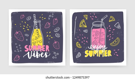 Bundle of square card templates with smoothies, juices or cocktails in bottle and jar with straw and lettering. Summer refreshing drinks with fruits and berries. Seasonal vector illustration.