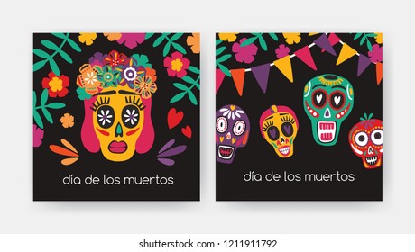 Bundle of square cards with Dia De Los Muertos inscription, Mexican calaveras or sugar skulls, Catrina's face on black background. Holiday vector illustration for Day of The Dead party invitation.