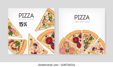 Bundle of square discount voucher templates for Italian restaurant with delicious pizza cut in slices on white background. Colorful realistic vector illustration for advertisement, promotion.