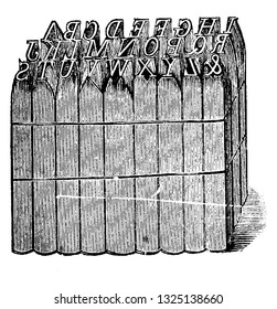 It is a bundle of stamps with alphabet letters encarved at the top surface, vintage engraved line art illustration. Bicycle Accessories - 1900