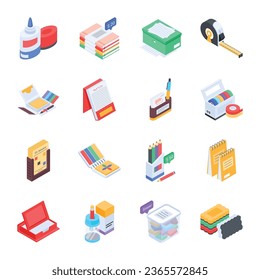Bundle of Stationery Items Isometric Icons

