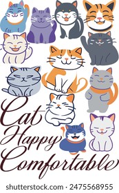 Bundle stickers Cat is Happy and comfortable funny cartoon art for print on demand (t shirt design).