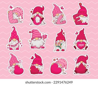 Bundle of stickers with charming cheerful gnomes in pink clothes with hearts, gifts and flowers for Mother's Day and Valentine's Day