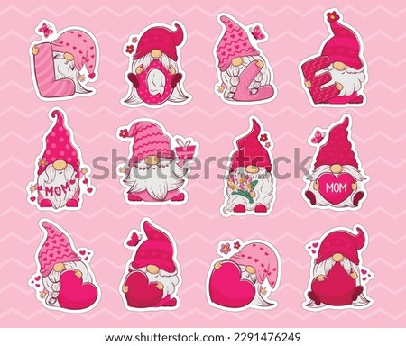Bundle of stickers with charming cheerful gnomes in pink clothes with hearts, gifts and flowers for Mother's Day and Valentine's Day
