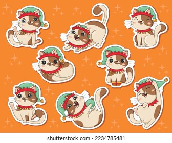 Bundle of stickers of cute cartoon cat in christmas elf costume in different poses is played isolated on white background