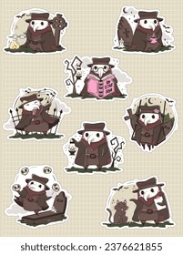 Bundle of stickers of a cute kawaii plague doctor in various poses. Medical routine cartoon humorous concept. Halloween character