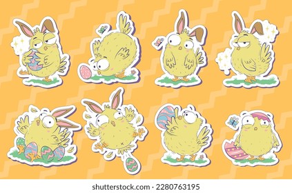 Bundle of stickers of funny chicks with easter eggs and bunny ears in doodle sketch style ready to print. Hand drawn horizontal banner with funny domestic birds