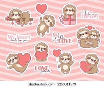 Bundle with stickers with funny sloths in love, hugging, with gifts and hearts for Valentine's Day