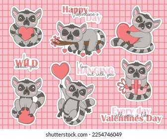 Bundle of stickers of funny tropical animals lemurs for Valentine's Day in hand drawn doodle style for children, children's books and games, postcards, printing