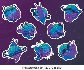 Bundle with stickers with Mystical slug snails with a space planet instead of a shell-house. Hand drawn with gradient vector.