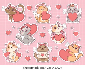 Bundle of stickers for notes and cards with kawaii cute valentine cats in different poses with hearts and flowers