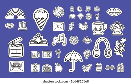 Paket von Aufklebern Set-Icons auf blauem Hintergrund, Vektorgrafik-Design