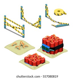 The bundle of sticks of dynamite buried in the sand. Crime-scene tape isolated on a white background. Vector illustration.