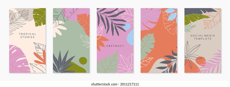 Bundle of story templates with tropical palm leaves.Modern vector summer layouts with copy space for text.Bright vibrant banners.Trendy designs for social media marketing,digital post,prints.