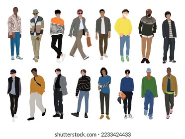 Conjunto de ilustraciones vectoriales de hombres de moda de la calle. Jóvenes con atuendos modernos y modernos al estilo de la calle parados y caminando. Caricatura elegante de personajes masculinos aislados en fondo blanco.