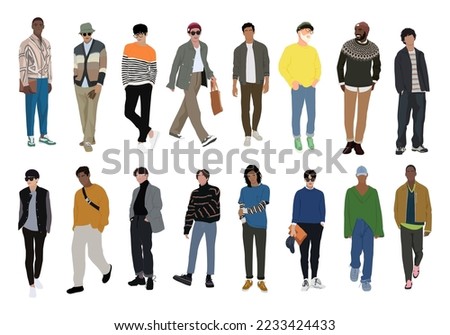 Bundle of Street fashion men vector illustrations. Young men wearing trendy modern street style outfit standing and walking. Cartoon stylish male characters isolated on white background.
