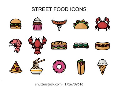 Bundle of street food illustrations. Street food flat icons set. Vector.