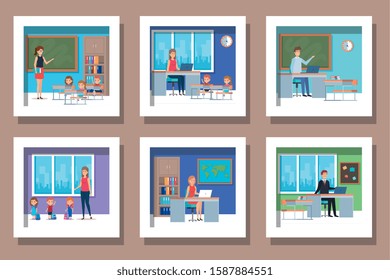 bundle of student with teachers scenes in the classroom vector illustration design