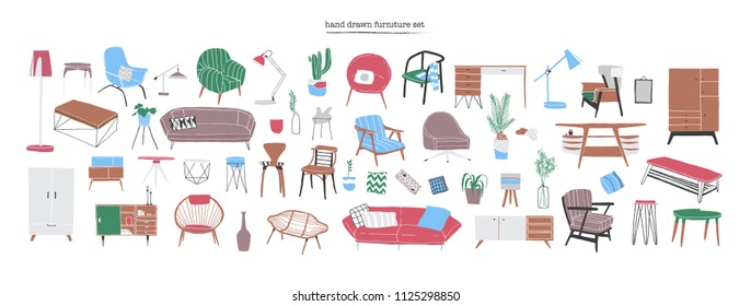 Bundle of stylish and comfy modern furniture, furnishings and home interior decorations of trendy Scandinavian or hygge style isolated on white background. Colorful hand drawn vector illustration.