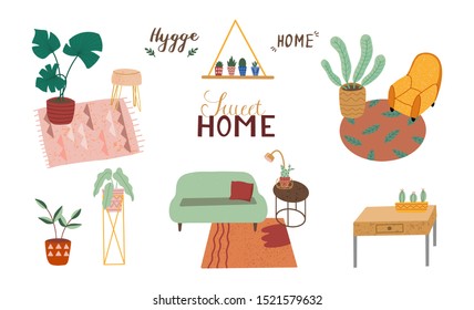 Bundle of stylish and comfy modern furniture, furnishings and home interior decorations of trendy Scandinavian or hygge style isolated on white background. Colorful hand drawn vector illustration