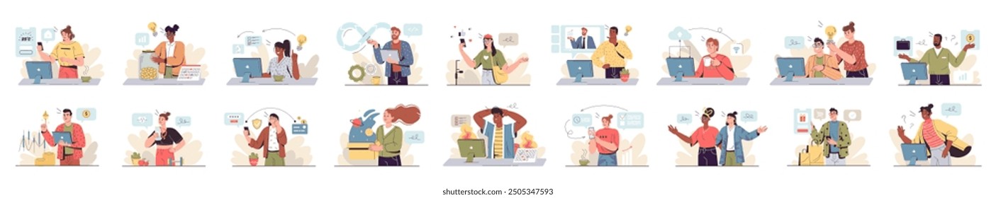 Bundle of stylish concepts with people scene in flat cartoon design. The big set of illustrations are done in beautiful colors and cover a variety of topics. Vector illustration.