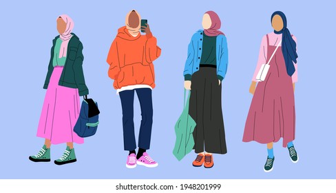 Bundle of Stylish Muslim Girls Wearing Casual Outfit for Youth Lifestyle Concept. Arabian Hijab Woman as University Student.