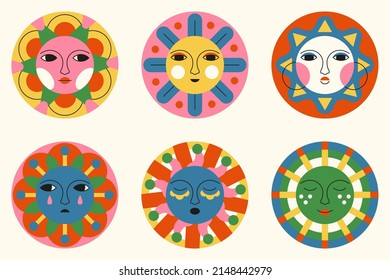 Bundle of stylized abstract suns with face. Drawn character with emotion. Colorful isolated illustration with ethnic elements. Stickers for decor, logo, printing, textiles, packaging. Vector pattern