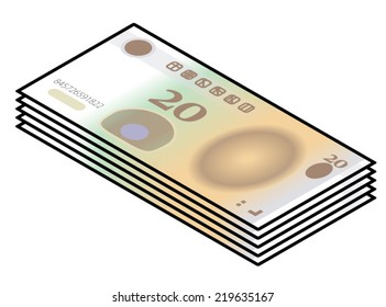 A bundle of stylized iconic 20 yuan Chinese renminbi RMB bank notes / paper money. 