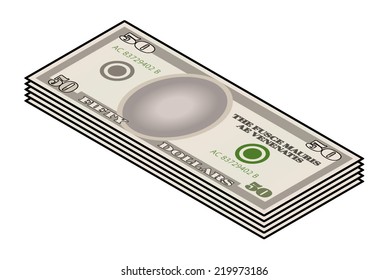A bundle of stylized iconic $50 USD bank notes / paper money.
