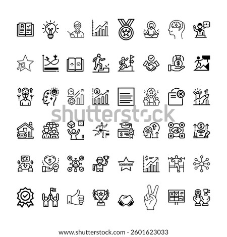 A Bundle of succes related  icons set with various symbols and elements in a doodle style