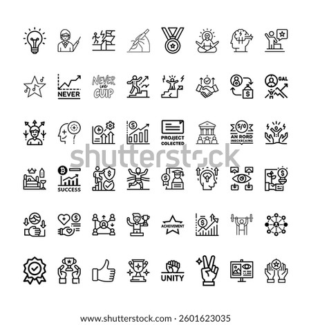 A Bundle of succes related  icons set with various symbols and elements in a doodle style
