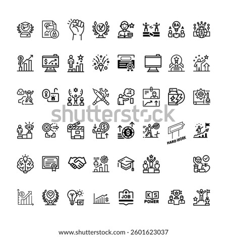 A Bundle of succes related  icons set with various symbols and elements in a doodle style