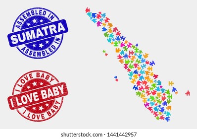 Bundle Sumatra map and blue Assembled watermark, and I Love Baby grunge watermark. Colored vector Sumatra map mosaic of bundle bricks. Red round I Love Baby badge.
