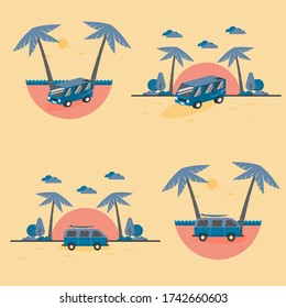 Bundle of summer holiday concept, van car with beach background. good for web landing page