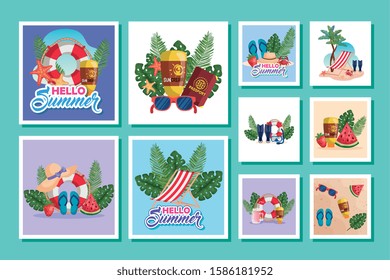 bundle of summer scenes with icons vector illustration design